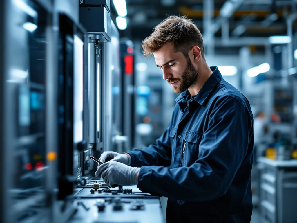 A technician in a modern uniform examines a high-tech industrial machine in a clean, well-lit workspace, symbolizing innovation.