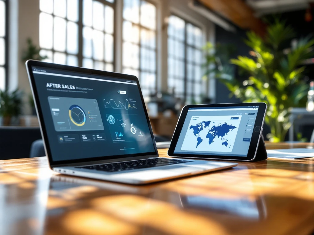 A modern office with a laptop, iPad, and iPhone displaying digital tools for after-sales services; sunlight highlights the sleek setup.