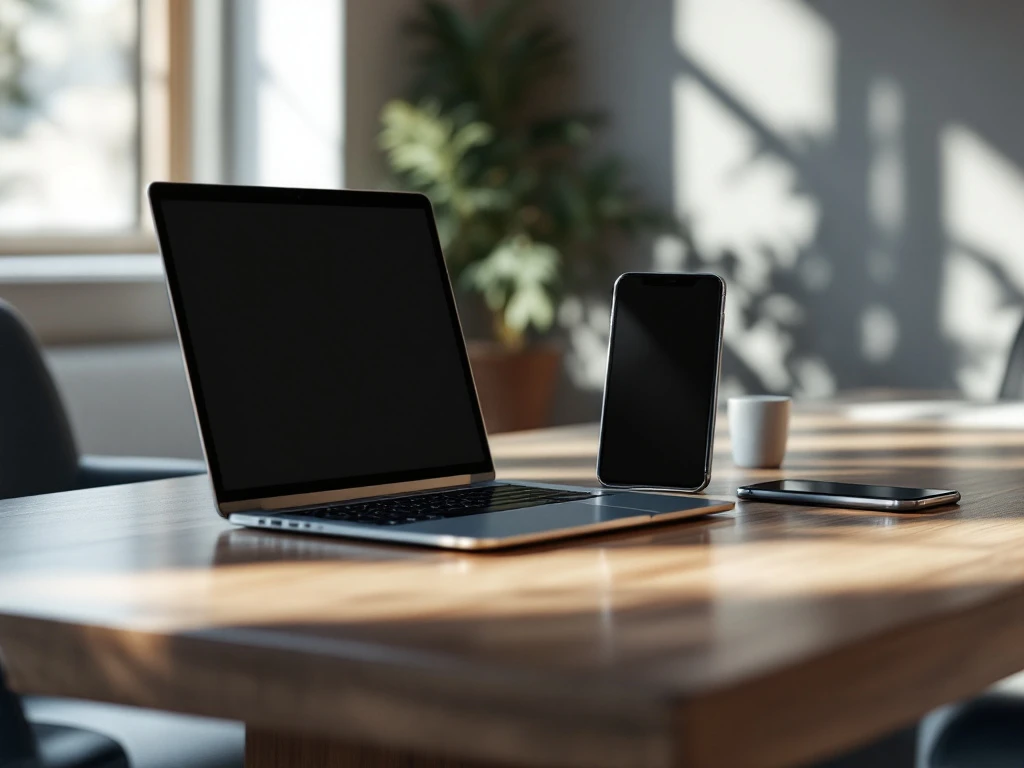 Modern office with a wooden table featuring blank-screen laptop, iPad, and iPhone, symbolizing Fter.io's innovative digital tools.