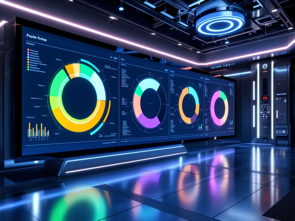 High-tech control room with vibrant pie charts on futuristic screens, showcasing Fter.io's advanced software for OEMs in after-sales service.