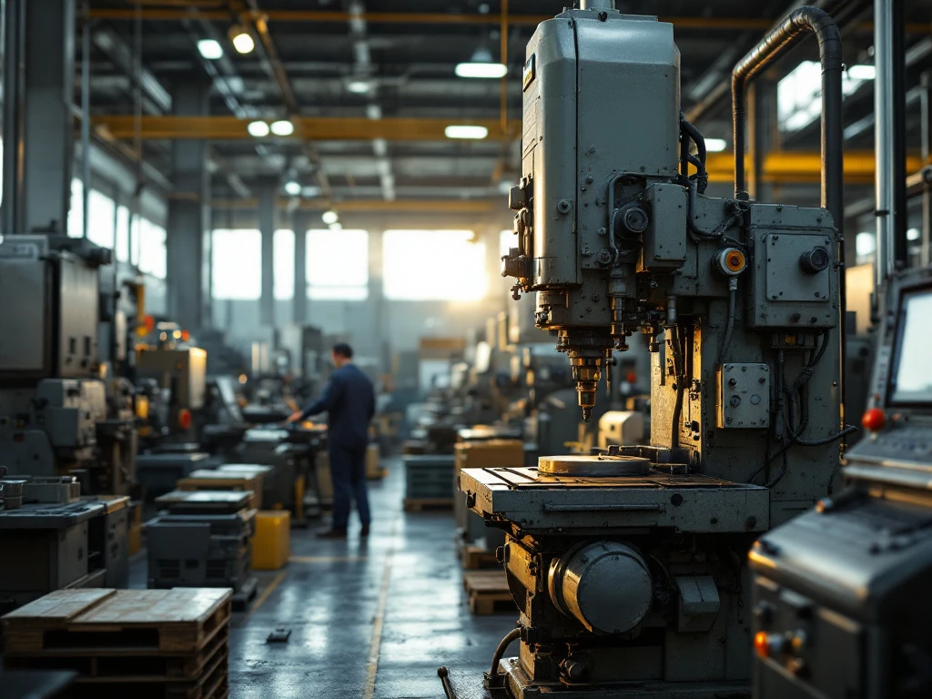 A photorealistic image of an industrial machine in a clean, organized factory, highlighting reliability and efficiency with warm lighting.